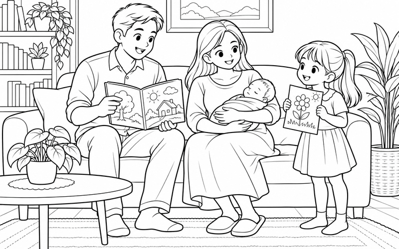 Tranh tô màu mẹ bế em bé sơ sinh và bố cầm sách tranh và anh chị bên cạnh