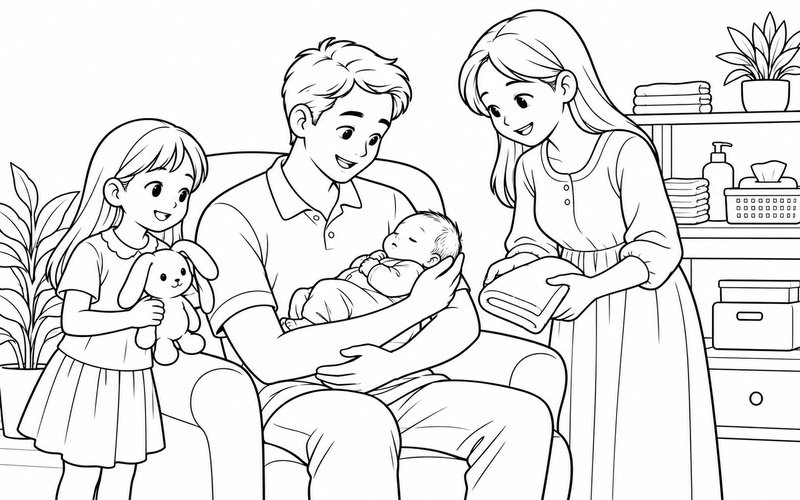 Tranh tô màu bố bế em bé sơ sinh và mẹ đưa khăn mềm và anh chị bên cạnh