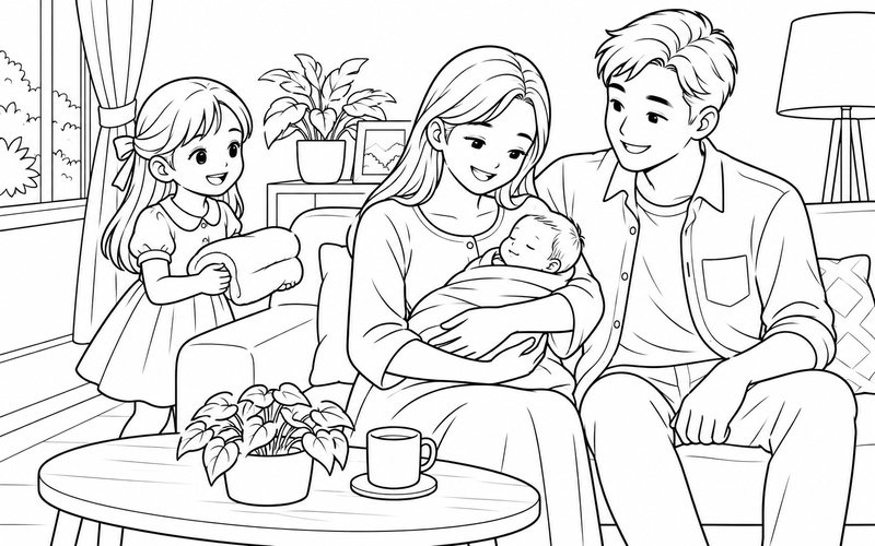 Tranh tô màu mẹ bế em bé sơ sinh và bố ngắm nụ cười và anh chị bên cạnh