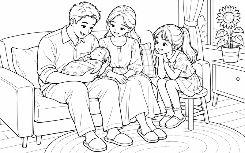Tranh tô màu bố mẹ ôm em bé sơ sinh bên chậu hoa và anh chị bên cạnh