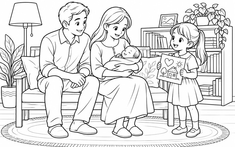 Tranh tô màu bố mẹ bế em bé sơ sinh trong góc đọc sách và anh chị bên cạnh