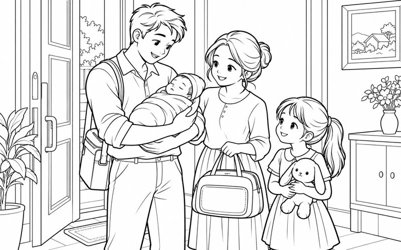 Tranh tô màu bố mẹ bế em bé sơ sinh trong ngày về nhà và anh chị bên cạnh