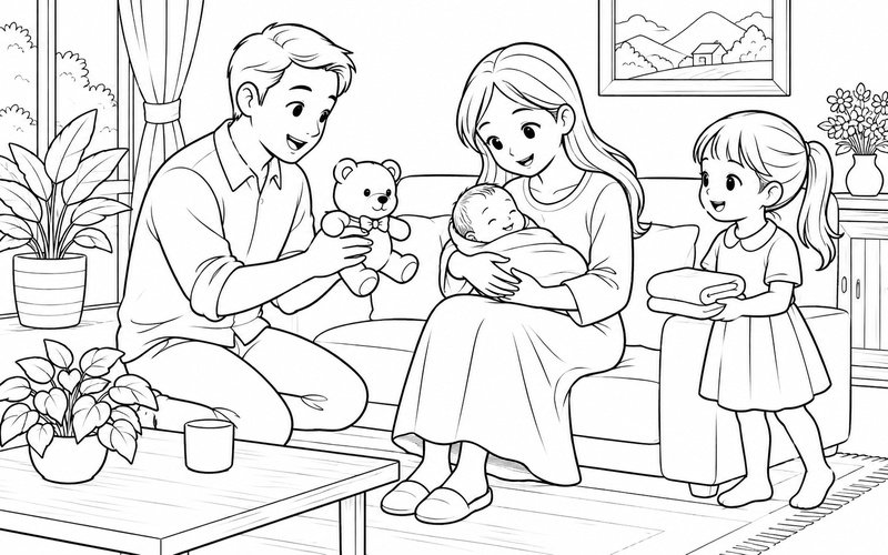 Tranh tô màu mẹ bế em bé sơ sinh và bố cầm gấu bông nhỏ và anh chị bên cạnh