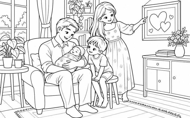 Tranh tô màu bố mẹ bế em bé sơ sinh cạnh bức ảnh gia đình và anh chị bên cạnh