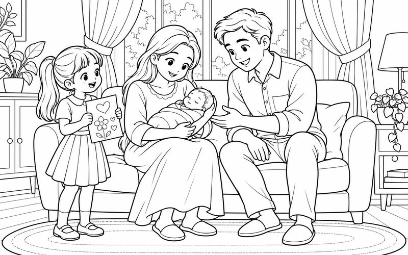 Tranh tô màu bố mẹ bế em bé sơ sinh trong phòng có rèm cửa và anh chị bên cạnh
