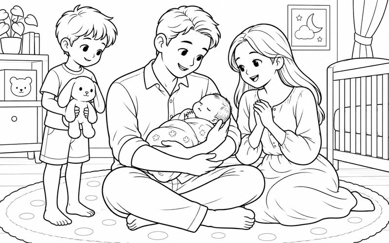 Tranh tô màu bố bế em bé sơ sinh trong lúc mẹ hát ru và anh chị bên cạnh
