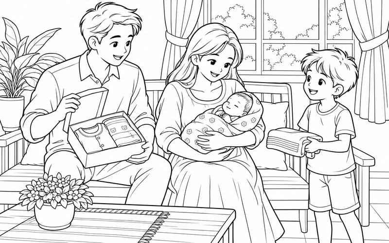 Tranh tô màu mẹ bế em bé sơ sinh và bố mở hộp quà và anh chị bên cạnh