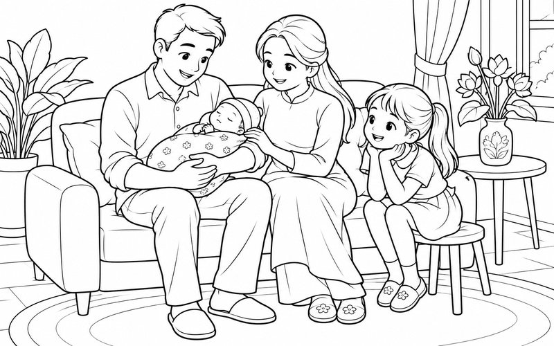 Tranh tô màu bố mẹ bế em bé sơ sinh bên bàn có hoa và anh chị bên cạnh