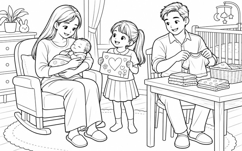 Tranh tô màu mẹ bế em bé sơ sinh và bố xếp áo nhỏ và anh chị bên cạnh