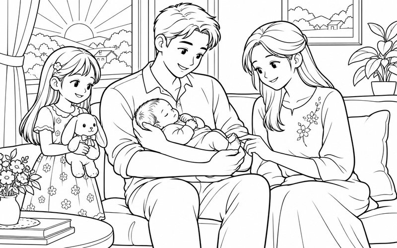 Tranh tô màu bố mẹ bế em bé sơ sinh trong buổi sáng và anh chị bên cạnh