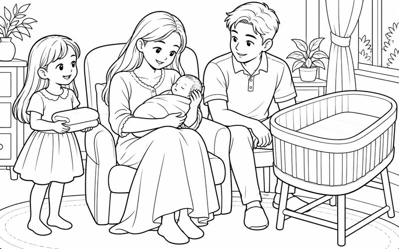 Tranh tô màu bố mẹ bế em bé sơ sinh cạnh chiếc nôi trống và anh chị bên cạnh