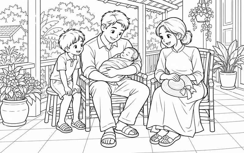 Tranh tô màu bố mẹ bế em bé sơ sinh dưới mái hiên và anh chị bên cạnh