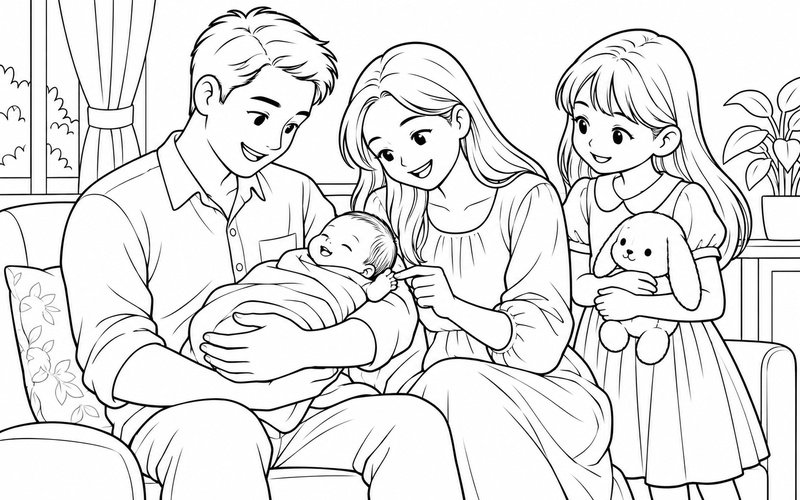 Tranh tô màu bố mẹ cùng nhìn bàn chân em bé sơ sinh và anh chị bên cạnh