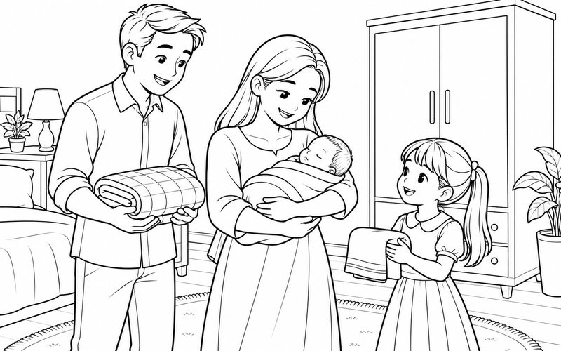 Tranh tô màu bố mẹ bế em bé sơ sinh bên tủ quần áo nhỏ và anh chị bên cạnh