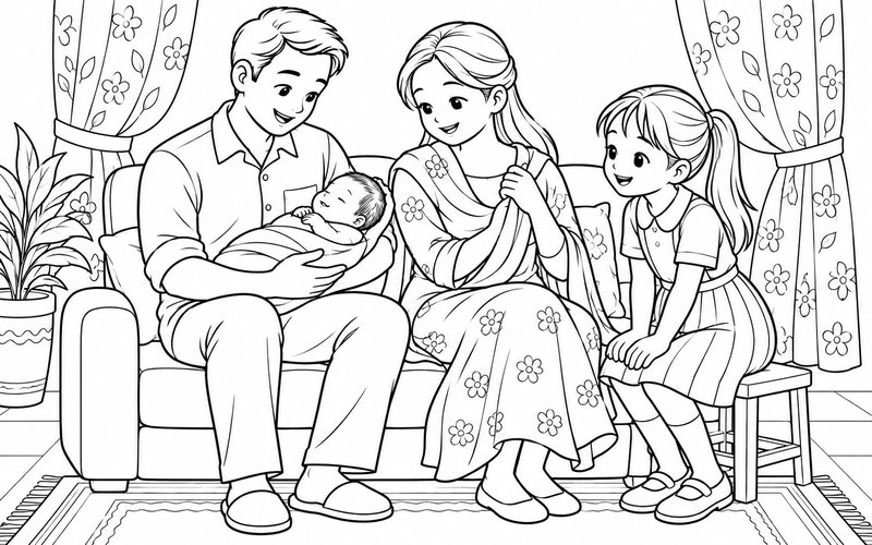 Tranh tô màu bố mẹ bế em bé sơ sinh cạnh rèm hoa và anh chị bên cạnh