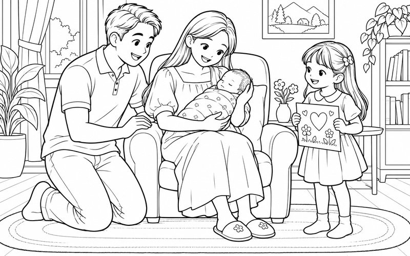 Tranh tô màu mẹ bế em bé sơ sinh trên ghế có tay vịn và anh chị bên cạnh
