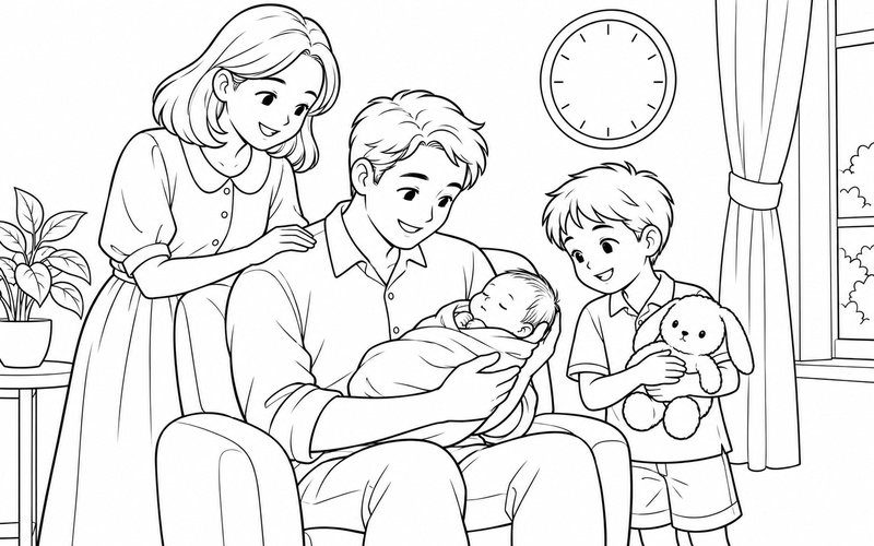 Tranh tô màu bố bế em bé sơ sinh trong góc phòng sáng và anh chị bên cạnh