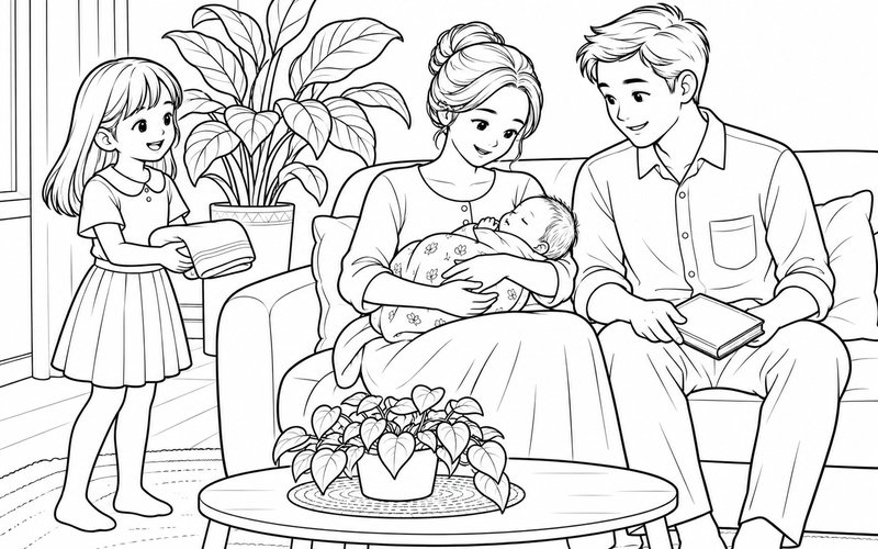 Tranh tô màu bố mẹ bế em bé sơ sinh cạnh chậu cây lá và anh chị bên cạnh