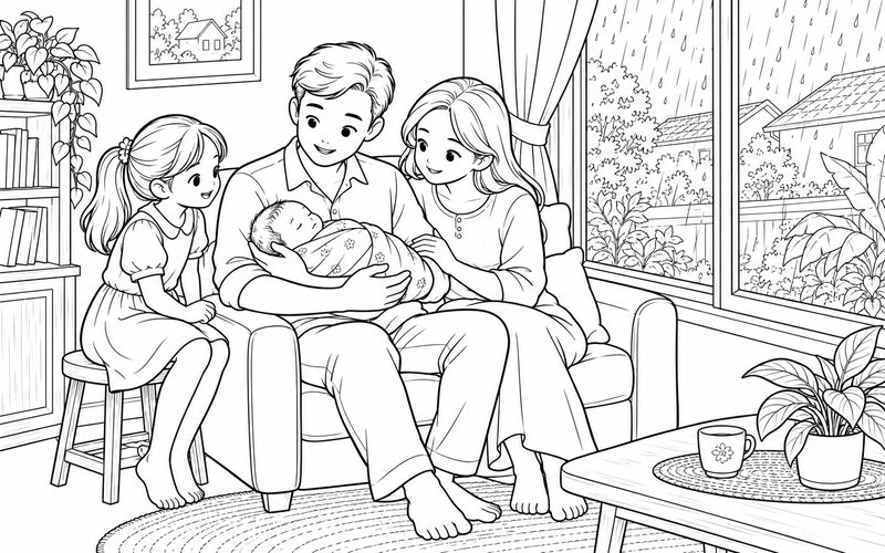 Tranh tô màu bố mẹ bế em bé sơ sinh ngắm mưa và anh chị bên cạnh