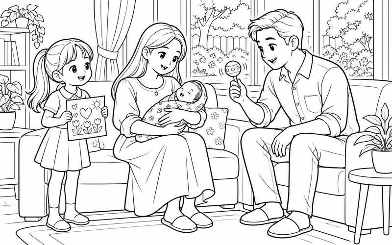 Tranh tô màu bố mẹ bế em bé sơ sinh trong buổi chiều và anh chị bên cạnh