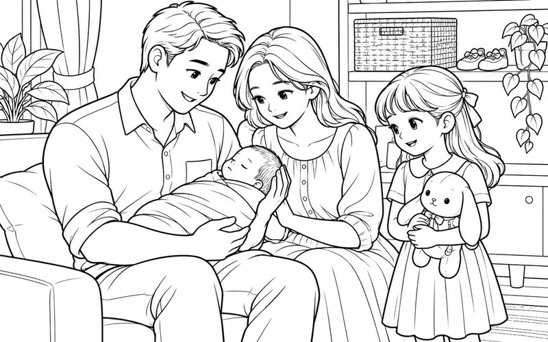 Tranh tô màu bố mẹ bế em bé sơ sinh ngồi cạnh nhau và anh chị bên cạnh