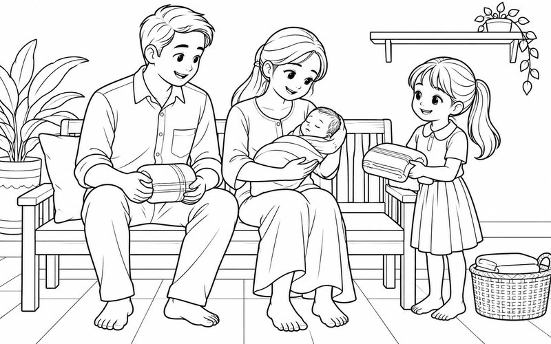 Tranh tô màu bố mẹ bế em bé sơ sinh trên ghế dài trong nhà và anh chị bên cạnh