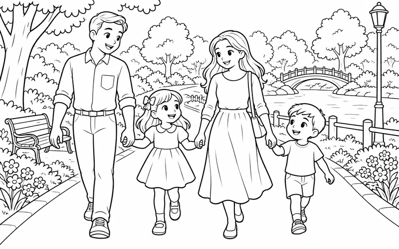 Tranh tô màu gia đình nắm tay nhau đi dạo trên đường công viên