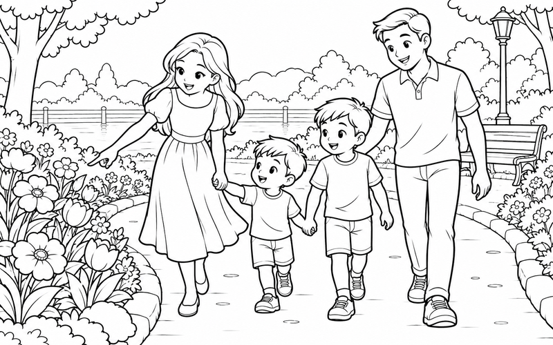 Tranh tô màu gia đình đi dạo và ngắm hoa tại đường công viên