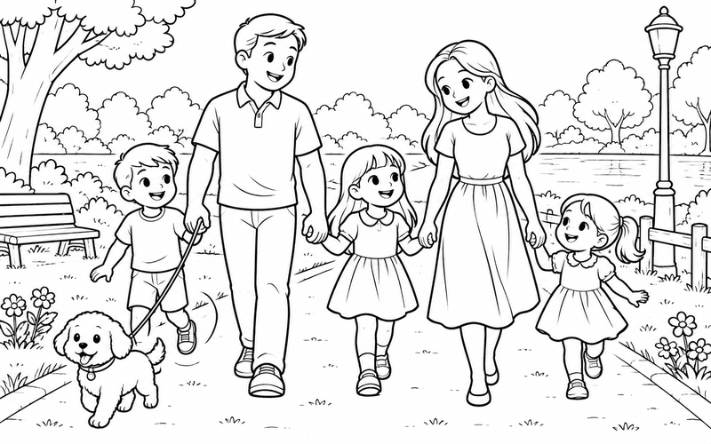 Tranh tô màu gia đình dắt chó nhỏ đi dạo tại đường công viên
