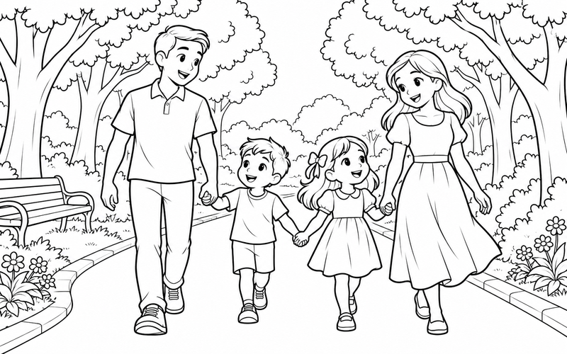 Tranh tô màu gia đình đi bộ dưới hàng cây tại đường công viên