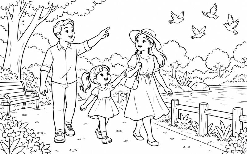 Tranh tô màu gia đình đi bộ và ngắm chim tại đường công viên