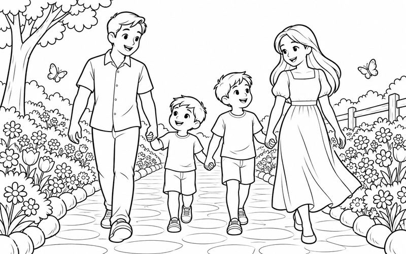 Tranh tô màu gia đình nắm tay nhau đi dạo tại lối vườn hoa