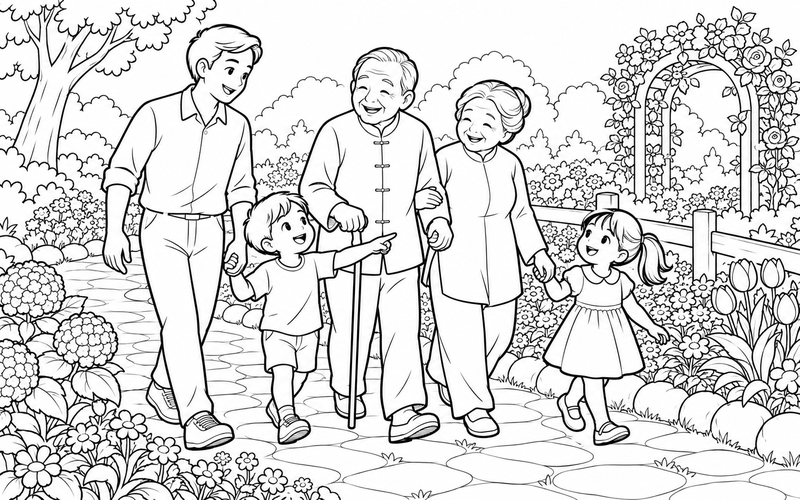 Tranh tô màu gia đình đi bộ cùng ông bà tại lối vườn hoa