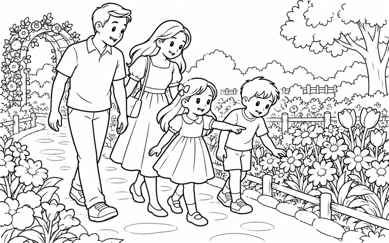 Tranh tô màu gia đình đi dạo và ngắm hoa tại lối vườn hoa
