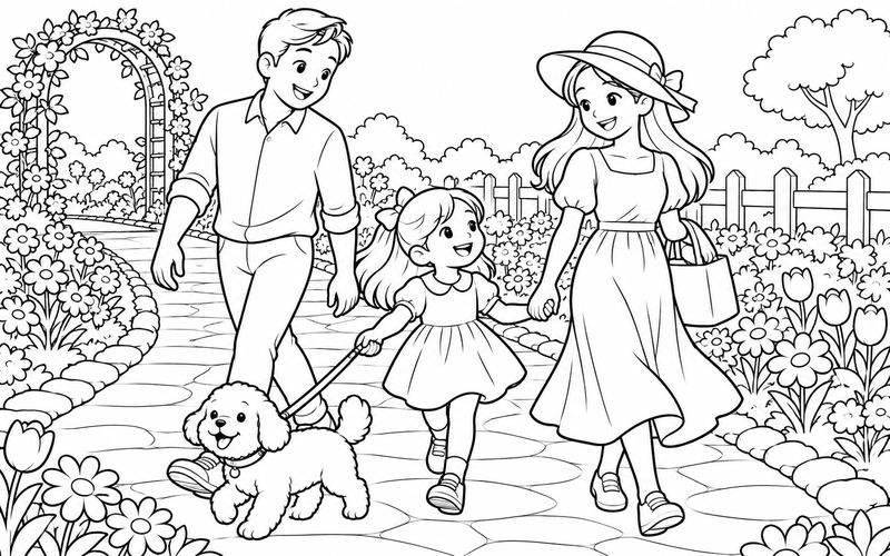 Tranh tô màu gia đình dắt chó nhỏ đi dạo tại lối vườn hoa