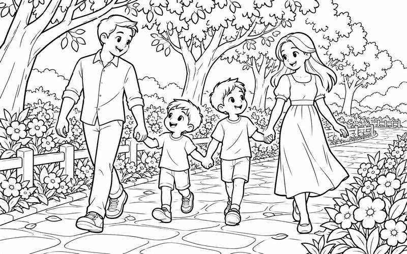 Tranh tô màu gia đình đi bộ dưới hàng cây tại lối vườn hoa