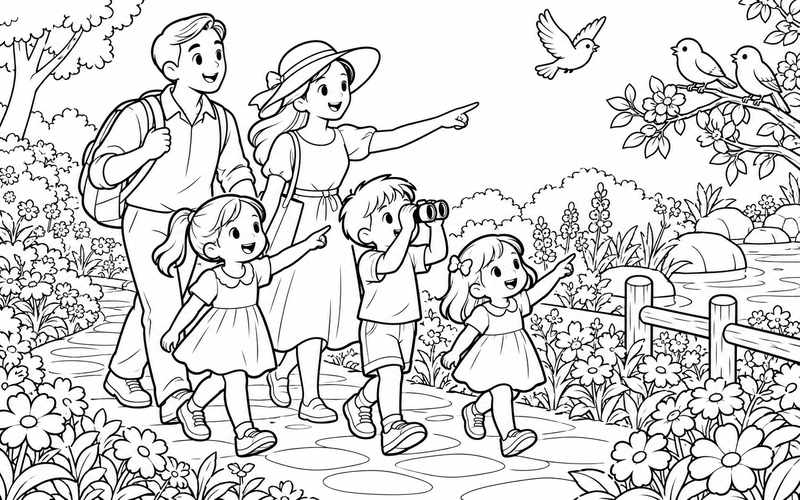 Tranh tô màu gia đình đi bộ và ngắm chim tại lối vườn hoa