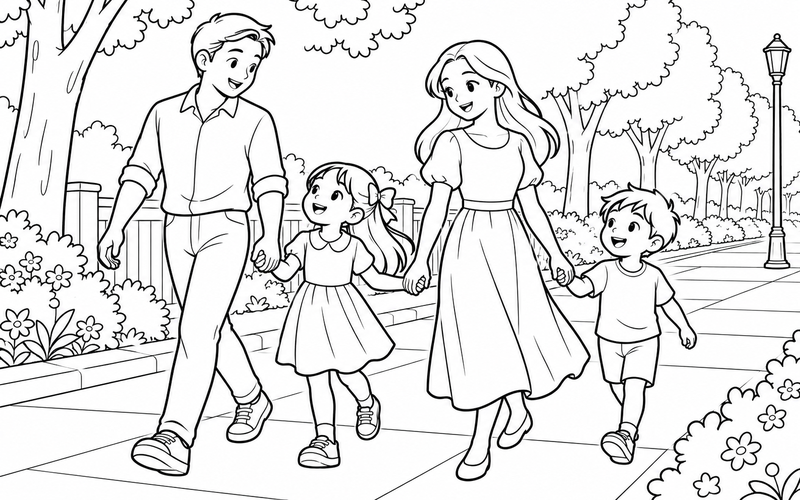 Tranh tô màu gia đình nắm tay nhau đi dạo tại vỉa hè có hàng cây