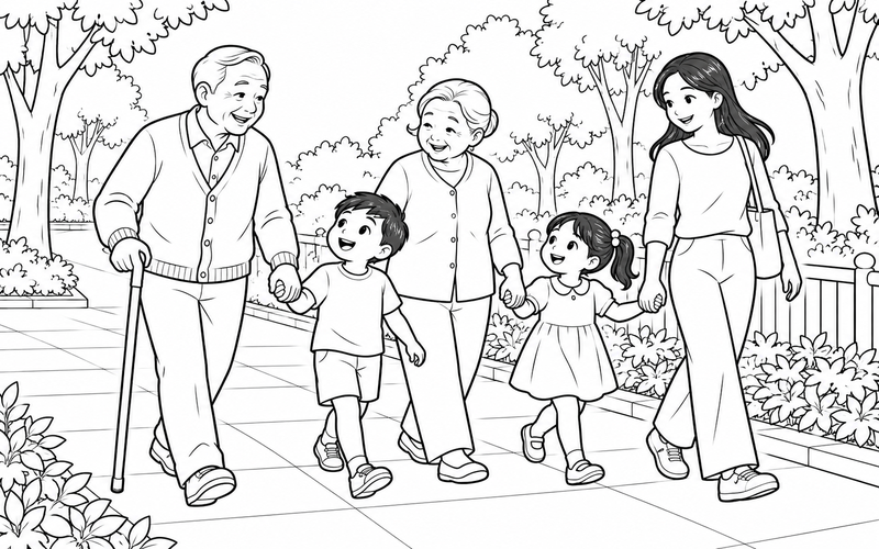 Tranh tô màu gia đình đi bộ cùng ông bà tại vỉa hè có hàng cây