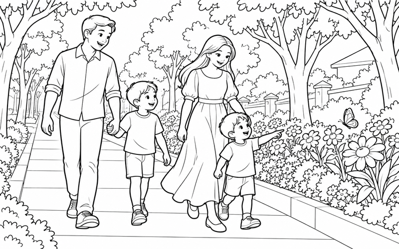 Tranh tô màu gia đình đi dạo và ngắm hoa tại vỉa hè có hàng cây