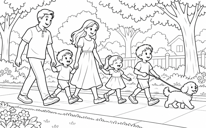 Tranh tô màu gia đình dắt chó nhỏ đi dạo tại vỉa hè có hàng cây