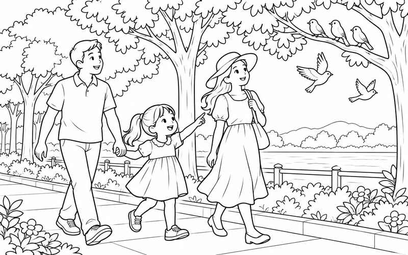 Tranh tô màu gia đình đi bộ và ngắm chim tại vỉa hè có hàng cây