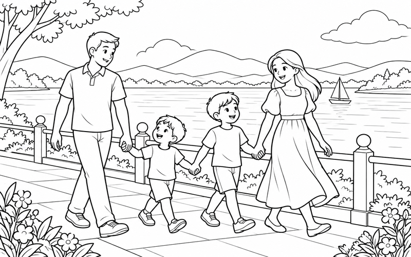 Tranh tô màu gia đình nắm tay nhau đi dạo tại lối bên hồ có lan can
