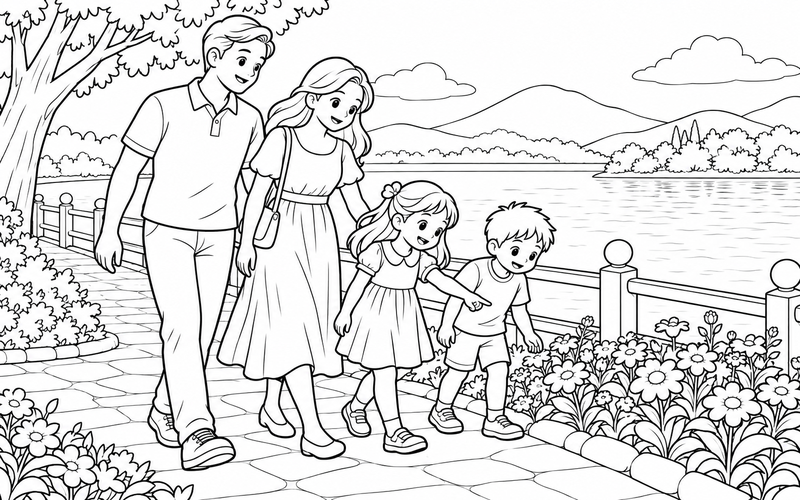 Tranh tô màu gia đình đi dạo và ngắm hoa tại lối bên hồ có lan can