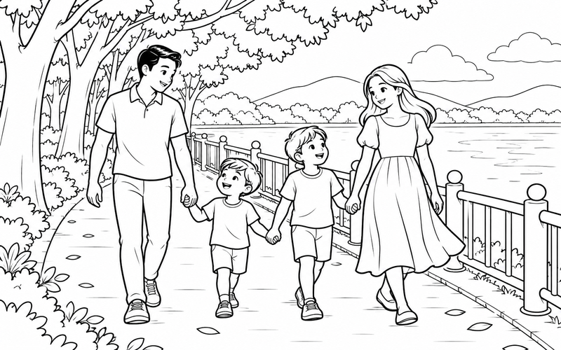 Tranh tô màu gia đình đi bộ dưới hàng cây tại lối bên hồ có lan can