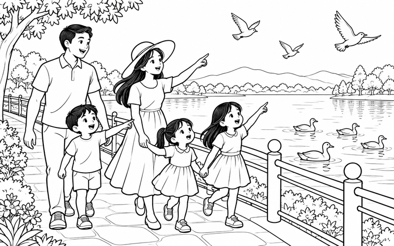 Tranh tô màu gia đình đi bộ và ngắm chim tại lối bên hồ có lan can