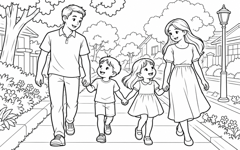 Tranh tô màu gia đình nắm tay nhau đi dạo tại đường trong khu phố