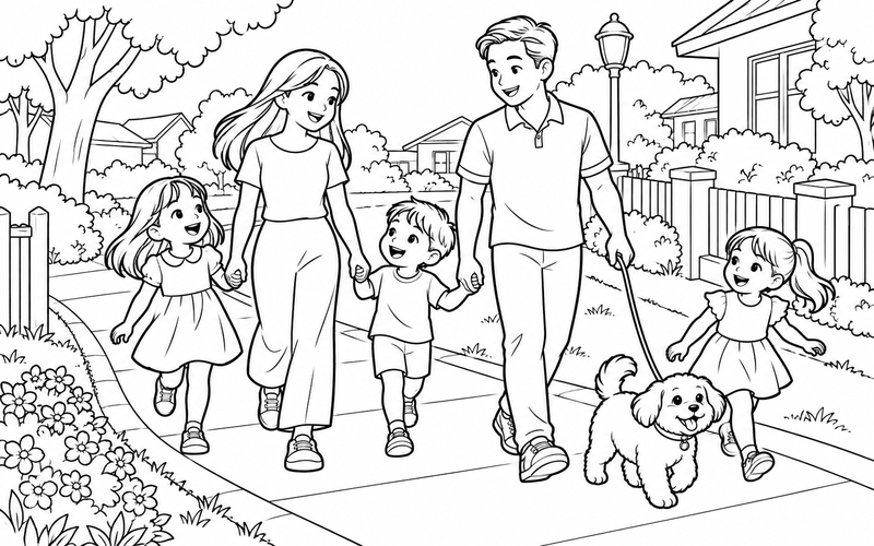 Tranh tô màu gia đình dắt chó nhỏ đi dạo tại đường trong khu phố