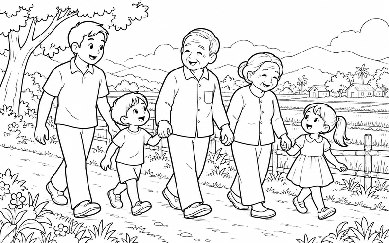 Tranh tô màu gia đình đi bộ cùng ông bà tại lối mòn đồng quê