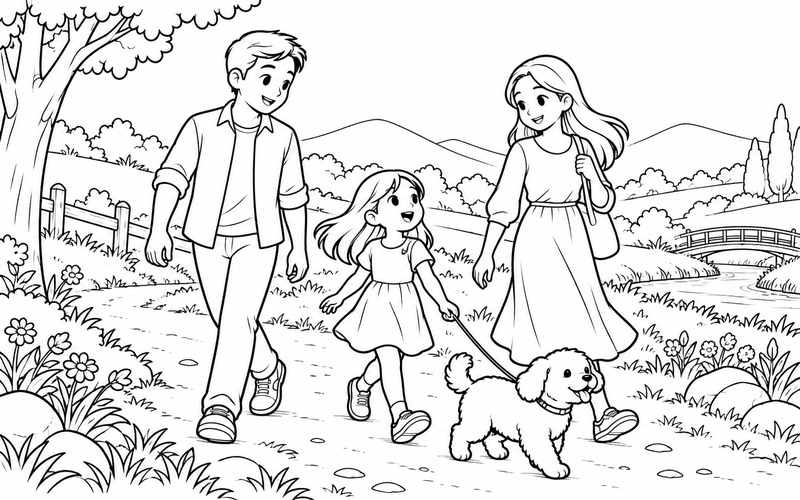 Tranh tô màu gia đình dắt chó nhỏ đi dạo tại lối mòn đồng quê